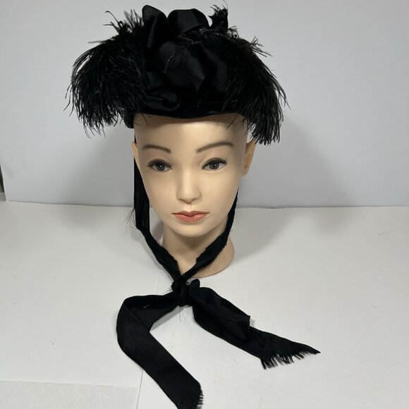 Antique Victorian Mourning Hat Bonnet Black Velvet Ribbons Feathers Beads Black main image 10